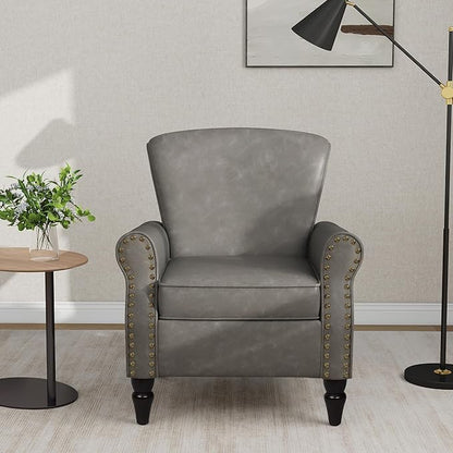 Accent Chair, Mid Century Modern Faux Leather Arm Chair with Wood Leg for Living Room, Bedroom, Comfy PU Leather Club Reading Chairs with Wingback & Nailhead Trim (Leather Grey, Set of 1)