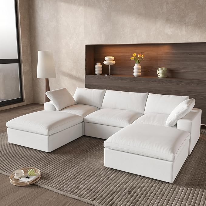 WJShome 118.02" Cloud Couch,Modular Sectional Sofa with 2 Storage Ottomans, U Shaped Down Filled Convertible Couch for Living Room Sets,Sofa Cover Washable & Replaceable(White)