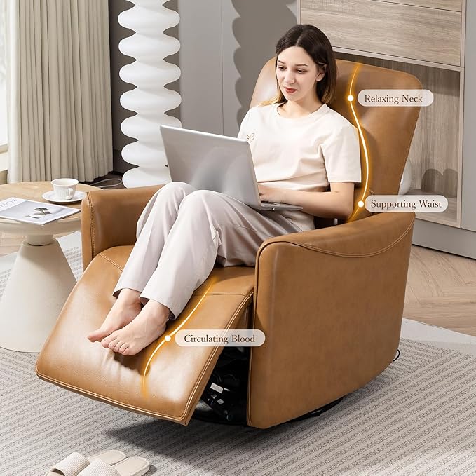 Power Swivel Recliner Chair, Faux Leather Glider Electric Rocking Chair for Adults. Nursery Rocker Single Sofa Chair with Lumbar Support for Living Room. Dual-port Charging: Type-C&USB, Brown