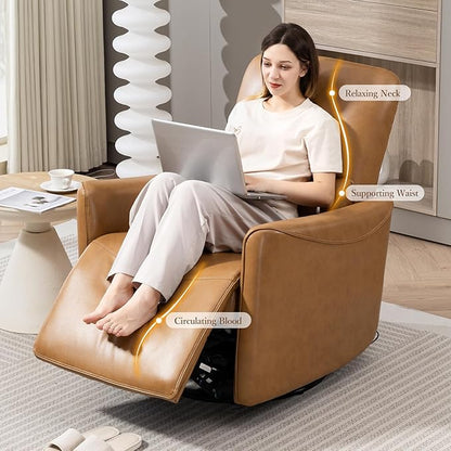 Power Swivel Recliner Chair, Faux Leather Glider Electric Rocking Chair for Adults. Nursery Rocker Single Sofa Chair with Lumbar Support for Living Room. Dual-port Charging: Type-C&USB, Brown