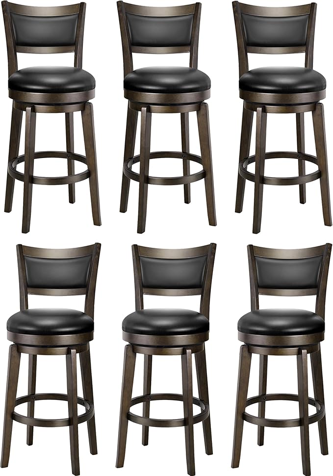 PrimeZone Swivel Bar Stools Set of 6, 26 Inch Counter Height Barstools, Black Faux Leather Bar Stool with High Backrest & Solid Wood Legs & Wrap-around Footrest, Counter Stools for Kitchen Island, Pub