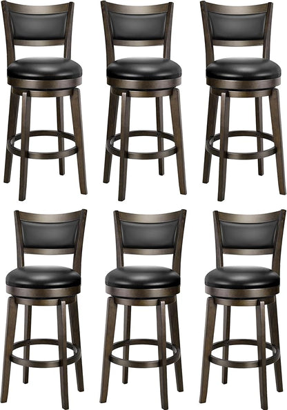PrimeZone Swivel Bar Stools Set of 6, 26 Inch Counter Height Barstools, Black Faux Leather Bar Stool with High Backrest & Solid Wood Legs & Wrap-around Footrest, Counter Stools for Kitchen Island, Pub
