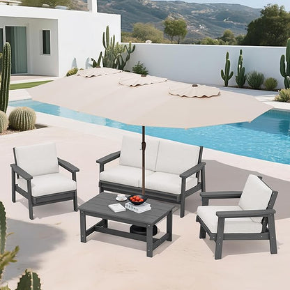 SERWALL HDPE Patio Furniture Set with 15FT Double Side Patio Umbrella, All Weather Wood-Like Outdoor Sofa Sectional Couch, Grey Patio Furniture with Khaki Cushions