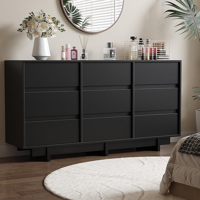 Black Dresser for Bedroom, 59" Wide 9 Drawer Dresser, Mid Century Modern Dressers Chest of Drawers, Wooden Large Dressers for Bedroom, Closet