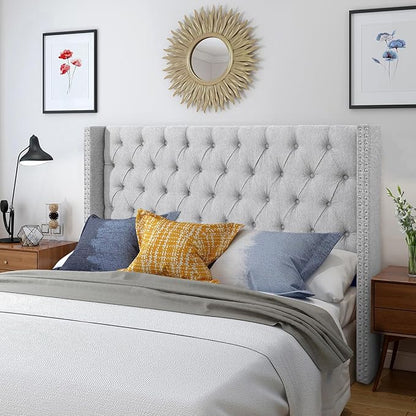 Lucky Monet Linen Upholstered Headboard Queen Size (Headboard Only), Nail Head Trim Wingback Tufted Button Headboard Luxury Soft Padded Head Board with Durable Metal Legs, Adjustable Height, Grey