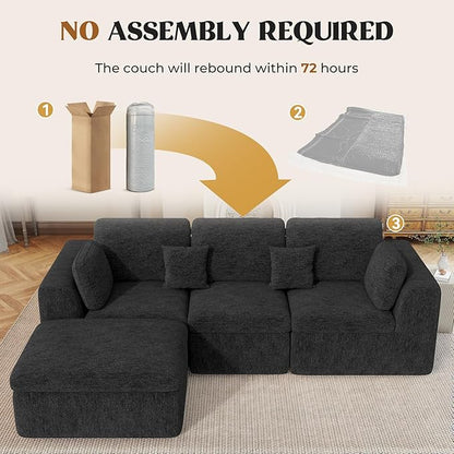 115" Cloud Boneless Sectional Couch, Deep Seat L Shaped Modular Couch with Ottoman, Oversized Upholstered Convertible 4 Seater Modular Sofa for Living Room,Black Chenille