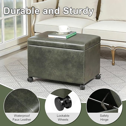 Asense Ottoman with Wheels,16.7x24x18.1 Inches Leather Rolling Ottoman with Storage,Safety Hinge,Upholstered Storage Bench for Living Room,Bedroom,Entryway,Green