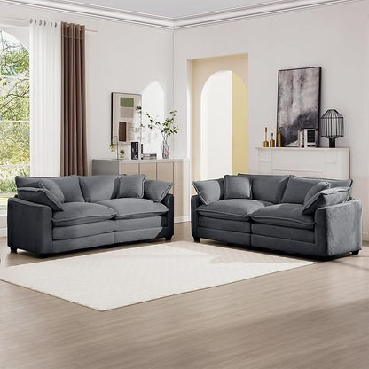 mikibama Luxury 2 Piece Sofa Set, 2 Pieces of Loveseat Couch, Modern Corduroy Comfy Cloud Couches Set for Living Room Office with 4 Armrest Pillows and 4 Toss Pillows, Grey