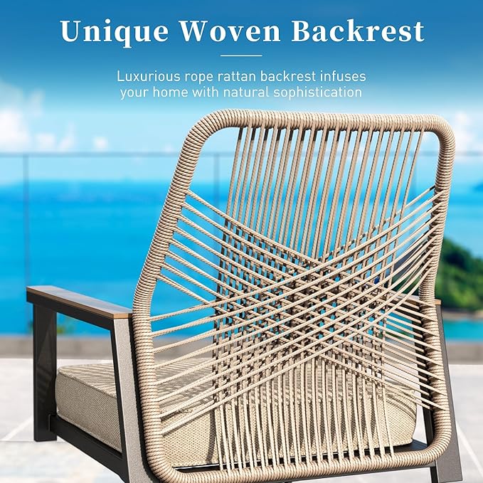 Patio Dining Chairs Set of 4, Heavy-Duty Woven Rope Outdoor Chairs with Waterproof Cushion and Wrought Iron Frame, All-Weather Outside Seating for Kitchen Garden Deck Backyard