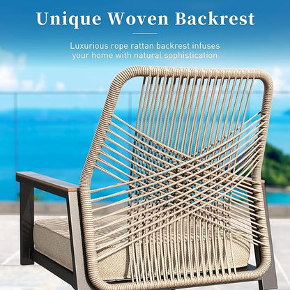 Patio Dining Chairs Set of 4, Heavy-Duty Woven Rope Outdoor Chairs with Waterproof Cushion and Wrought Iron Frame, All-Weather Outside Seating for Kitchen Garden Deck Backyard