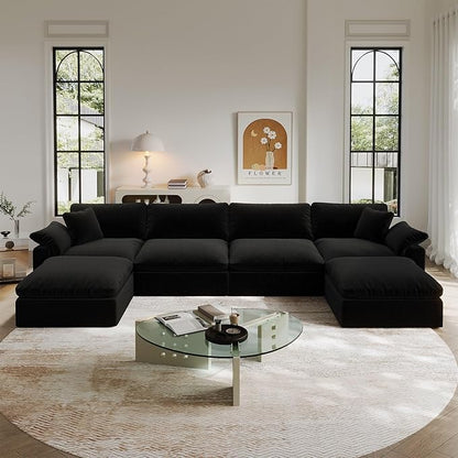 Modular Sectional Sofa,Extra Comfty Deep-Seat-Filled Couch,Black 6 Seat U Shape Sofas with Movable Ottoman,Modern Couches for Living Room, Apartment, Office,Small Space