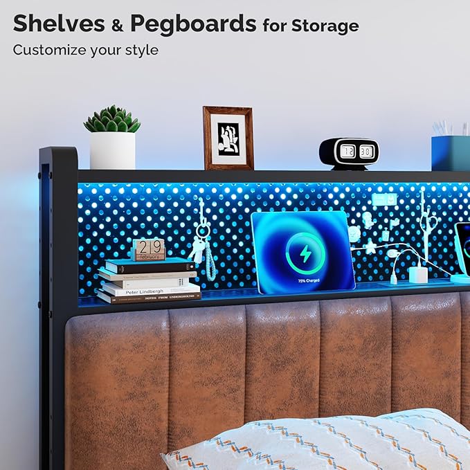 VINGLI Full Size Headboard Only, Adjustable Upholstered Headboard with 2 Tier Shelves and Pegboard with Charging Stations and LED Lights, Modern Bed Headboard with Storage for Bedroom Decor