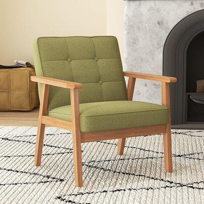 Modern Accent Chair with Arm Rest, Upholstered Linen Fabric Leisure Chair Comfy Side Chair with Backrest Button and Wooden Frame for Living Room Bedroom Reading(Green)