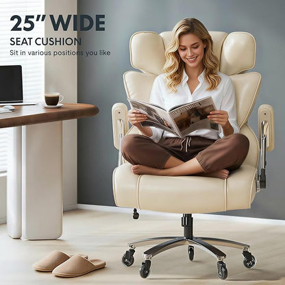 FLEXISPOT 600lbs Big and Tall Office Chair for Heavy People, Heavy Duty Computer Desk Chair with Dynamic Lumbar Support 2D Armrest Blade Wheels, Chairs for Home Office Gaming Working, Leather, Beige