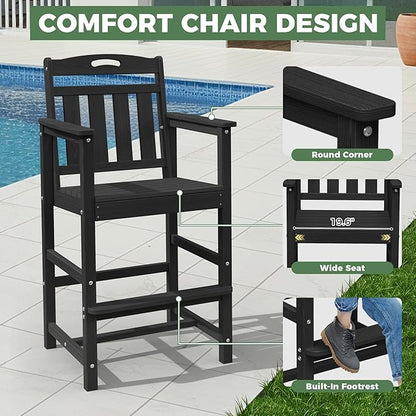 HDPE Outdoor Patio Tall Adirondack Bar Chairs Set of 2, All-Weather Bar Height Balcony Adirondack Stools for Bistro, Garden, Backyard, Pool, Deck | Matte Black