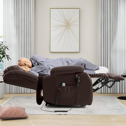 EDILLY Extra Large Power Lift Recliner Chairs for Elderly,Infinite Position Dual Motor Recliners Chair,with Heating and Massage, Breathable Leather,USB Ports Control(Brown)