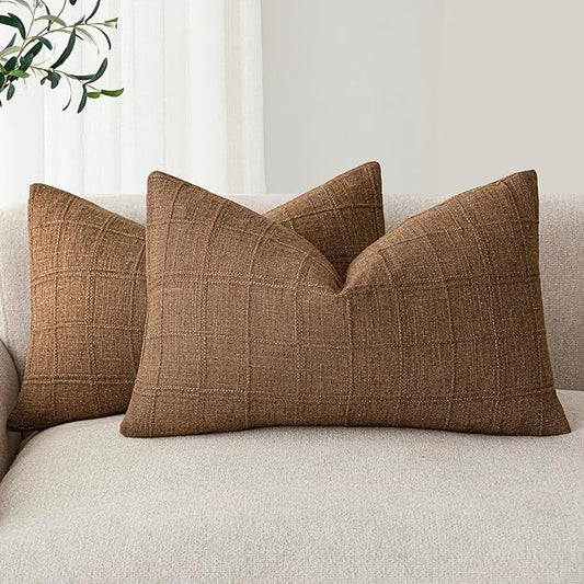 Foindtower Set of 2 Decorative Linen Check Throw Pillow Covers Neutral Farmhouse Lumbar Cushion Covers Modern Boho Home Decor for Sofa Chair Couch Bedroom Living Room,12×24 Inch,Brown Hazel
