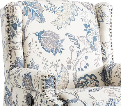 UIXE Swivel Rocker Manual Recliner Chair, Wingback Swivel Glider Fabric Nursery Reclining Sofa Chair, High Back Upholstered Arm Chair for Living Room Bedroom - Blue Plants
