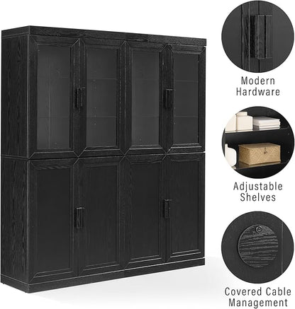 Crosley Furniture Essen 2-Piece Glass Door China Hutch Kitchen Pantry Storage Cabinet Set, Dining Room, Black