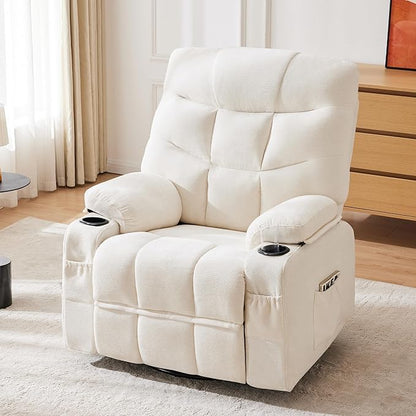 Manual Rocker Recliner Chair, 360°Swivel Recliner Chairs for Adults, Single Recliner Seat with Cup Holders,Upholstered Fabric Lazy Boy Recliner,White