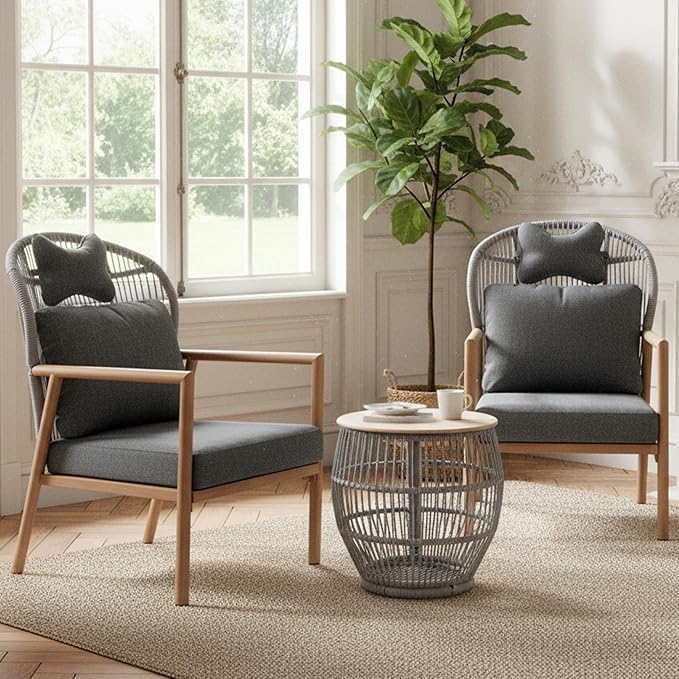 Modern Living Room Chairs, Accent Chairs Set of 2 with Coffee Table, Comfy Arm Chair with Cushions/Headrest, Reading Lounge Chair, Rattan Recliner Seating, Braid Armchair for Bedroom, Grey
