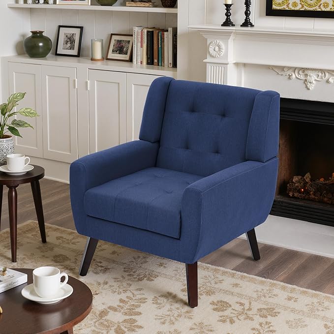 Accent Chairs Set of 4, Mid-Century Modern Upholstered Armchair, Comfy Fabric Living Room Chairs Reading Chairs with Button Tufted Back & Solid Wood Legs for Bedroom, Office, Blue