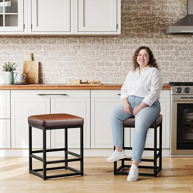 Counter Height Bar Stools Set of 2, 24" Barstools for Kitchen Countertop, Faux Leather Counter Stools with Thick Square Seats & Sturdy Metal Base, Simple Assembly, Brown