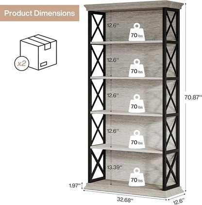 Tribesigns 71-Inch Tall Bookcase, 5-Tier Industrial Metal Bookshelf, Large Etagere Bookcases and Bookshelves, Freestanding Display Shelves for Living Room, Bedroom, Gray and Black (Set of 2)