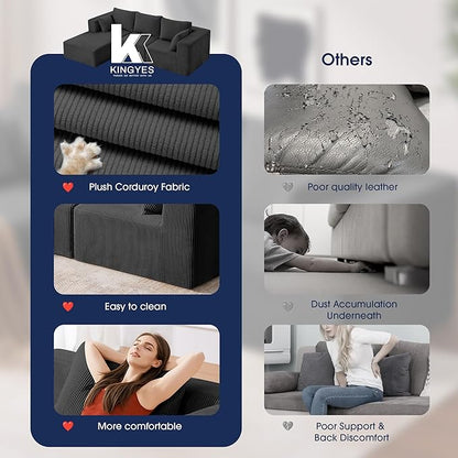 KINGYES 107'' Modular Sectional Sofa, L Shaped Cloud Couch for Living Room, Modern Boneless Sofa with Chaise for Bedroom, Gray