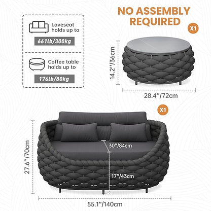 Patio Loveseat with Table: Aluminum Hand Woven Rope 2 Piece Patio Furniture Set - Cushioned Outdoor Seating Set - Modern Metal Lounge Set Assembled for Porch Balcony Deck Garden Hotel, Dark Grey