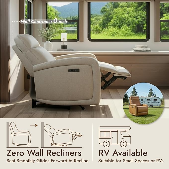Watson & Whitely Power Recliner Chairs for Adults, Zero Wall Recliners W Power Headrest Type-C Charger, Small RV Recliners Home Theater Seating for Living Room, Fabric in Khaki