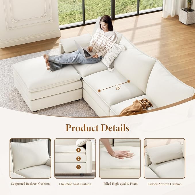 Vesgantti 142" Oversized Sectional Sofa Bed, 8-Seater Modular Sleeper Cloud Couch with Movable Ottoman, Chenille Convertible Sofa Set Deep Seat Couches for Living Room, Bedroom and Apartment, White