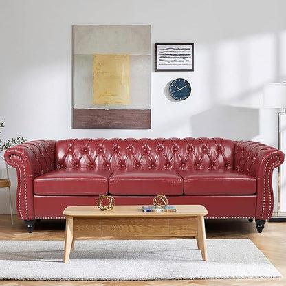 2 Piece Living Room Sofa Set, 3 Seater Faux Leather Sofa Couch and Chair Set, Mid Century Modern Upholstered Couch with Cushions, Comfy Tufted Chesterfield Couches for Bedroom, Office (Wine Red)