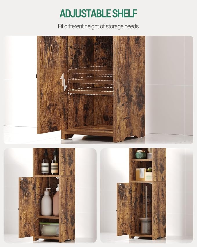 Bathroom Storage Cabinet, Corner Floor Cabinet with 2 Doors and Adjustable Shelf, Narrow Toilet Paper Cabinets, Bathroom Organizer for Small Spaces, 7.9" D x 9.8" W x 29.5" H Rustic Brown