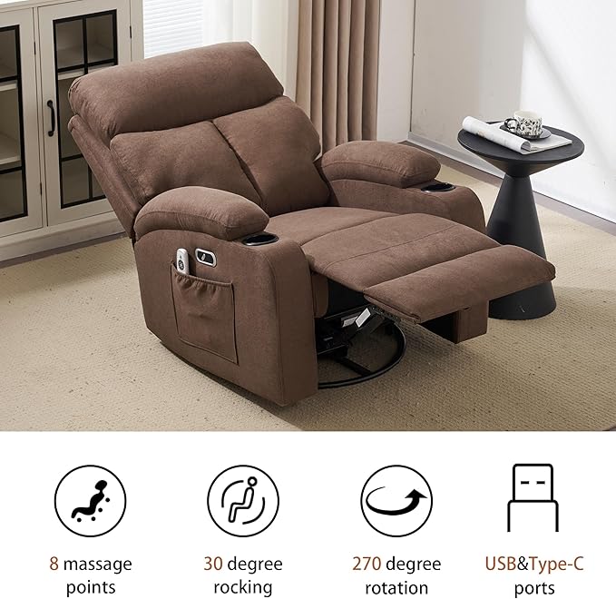 Power Swivel Rocker Recliner Massage Chair for Adults, Electric Rocking Recliner Glider Chairs for Living Room with USB and Type-C Ports,Fabric Reclining Sofa Chair (Mocha Brown)