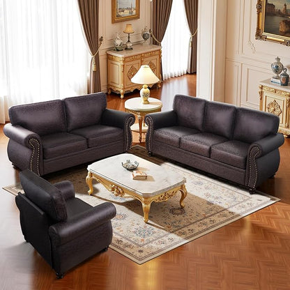 Living Room Furniture Sets,Sofa Sets and Couch Sets for Living Room,Mid-Century Vintage Sofa Couches with Rivet Design (Brown, Loveseat+3 Seater)