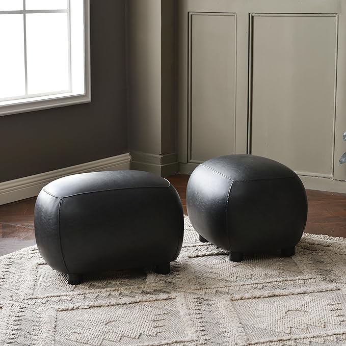 KINWELL 23" Wide Faux Leather Upholstered Ottoman Set of 2, Mid-Century Modern Living Room Footrest with Soft Padded Seat, Footstool for Bedroom, Entryway or Living Room, Black