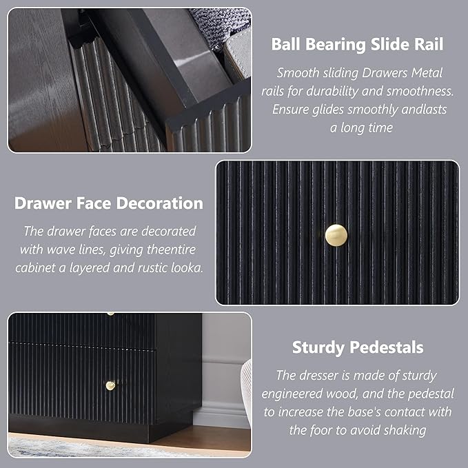 Fluted Dresser for Bedroom, 47" Black 6 Drawer Dressers, Wood Tall Dresser Storage Organizer, Modern Chest of Drawers with Deep Storage for Closet Hallway, Entryway, Living Room, Black