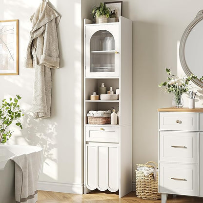 Maupvit 68” Tall Slim Bathroom Storage Cabinet, Narrow Cabinet with Drawer and Fluted Glass Door, Wave-Like Panel, 3-Tier Adjustable Shelves, 14.9" Wide for Small Space, 8 Compartments, White