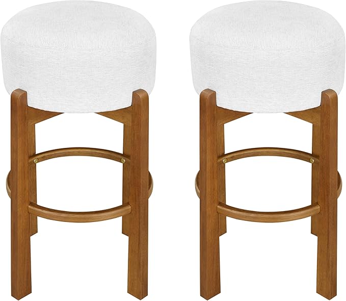 Christopher Knight Home Lera Modern Counter Height Bar Stools Set of 2, Fabric Round Stool Chair for Kitchen Island, Wooden Dining Room Chair, Upholstered Counter Stool with Footrest, Walnut+Ivory