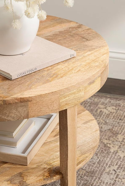 Kate and Laurel Talcott Tiered Modern Round Coffee Table, 28 x 28 x 18, Natural Wood, Transitional Two-Tier Circle Living Room Table with Storage and Mango Wood Construction