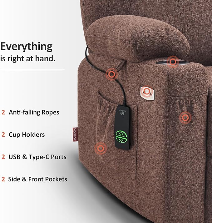 MCombo Power Lift Recliner Chair for Elderly, Lift Chair with Heat and Massage for Tall People, USB&Type C Ports, Extended Footrest, Cup Holders, Fabric 7516 (Large, Coffee)