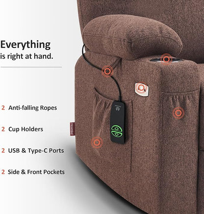 MCombo Power Lift Recliner Chair for Elderly, Lift Chair with Heat and Massage for Tall People, USB&Type C Ports, Extended Footrest, Cup Holders, Fabric 7516 (Large, Coffee)