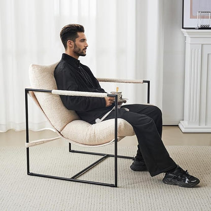 Furnilivng Large Sling Accent Chair, Comfortable Boucle Fabric Arm Chair, Upholstered Cozy Reading Chair for Living Room, Bedroom, Dressing Room, Home Office, White