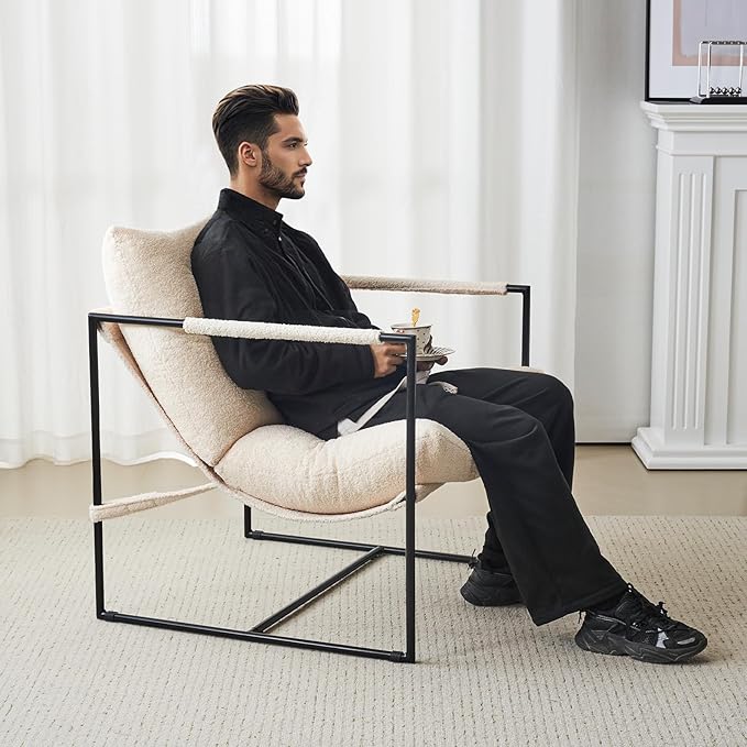 Furnilivng Large Sling Accent Chairs Set of 2, Comfortable Boucle Fabric Arm Chair, Upholstered Cozy Reading Chair for Living Room, Bedroom, Dressing Room, Home Office, White