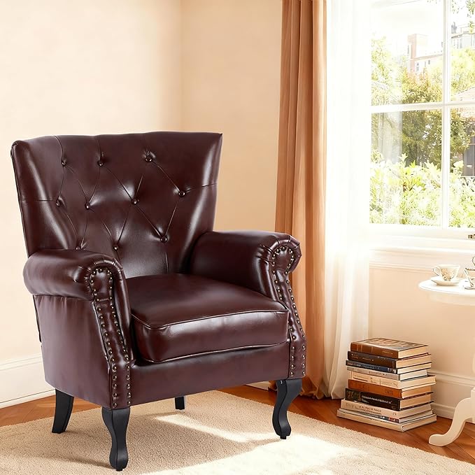 Modern Faux Leather Accent Chair, Upholstered Mid-Century Armchair with Solid Wood Legs, Single Sofa Chair for Living Room, Bedroom, or Reading Room（Reddish Brown）