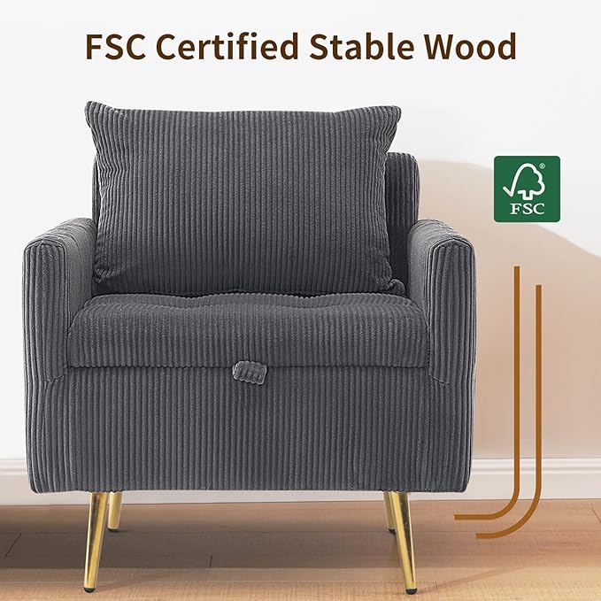 Furnimart Storage Accent Chair with Arm, Mid-Century Corduroy Sofa Chair with Removable Cushion, Reading Chair for Bedroom, Living Room, Apartment, Gray