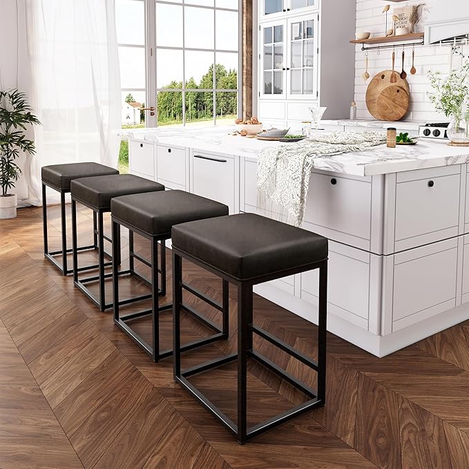 ALPHA HOME 24 Inch Counter Height Bar Stools Set of 4, Upholstered Bar Stools for Kitchen Island, Counter Stools with Faux Leather Cushion and Sturdy Metal Frame, Modern Barstools, Grey