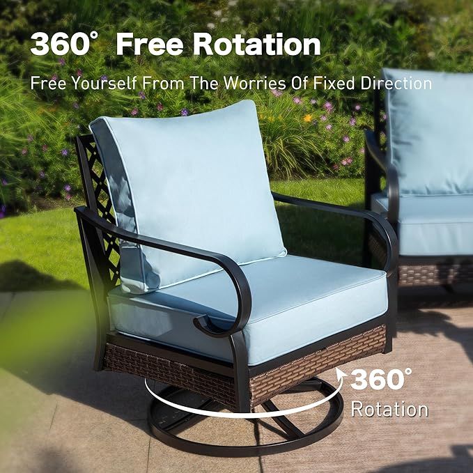 5 Piece Metal Outdoor Patio Furniture Set, Patio Conversation Sets 1 3-Seater Sofa, 2-Seater Sofa, 2 Swivel Sofa with 5.75" Thick Cushion & Coffee Table Black Backyard Furniture, Blue
