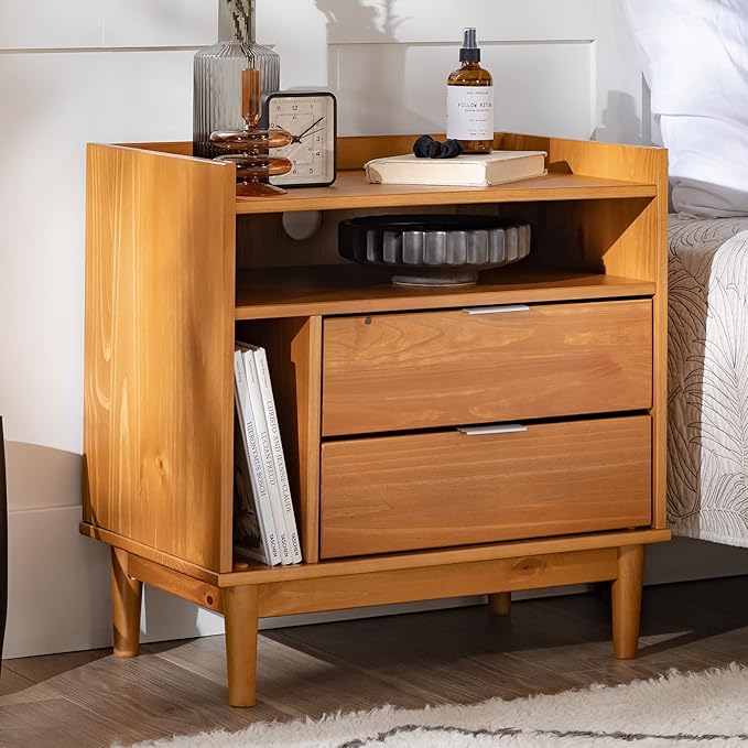 Walker Edison Blythe Mid-Century Modern Tray-Top Storage Nightstand 25 Inch Caramel